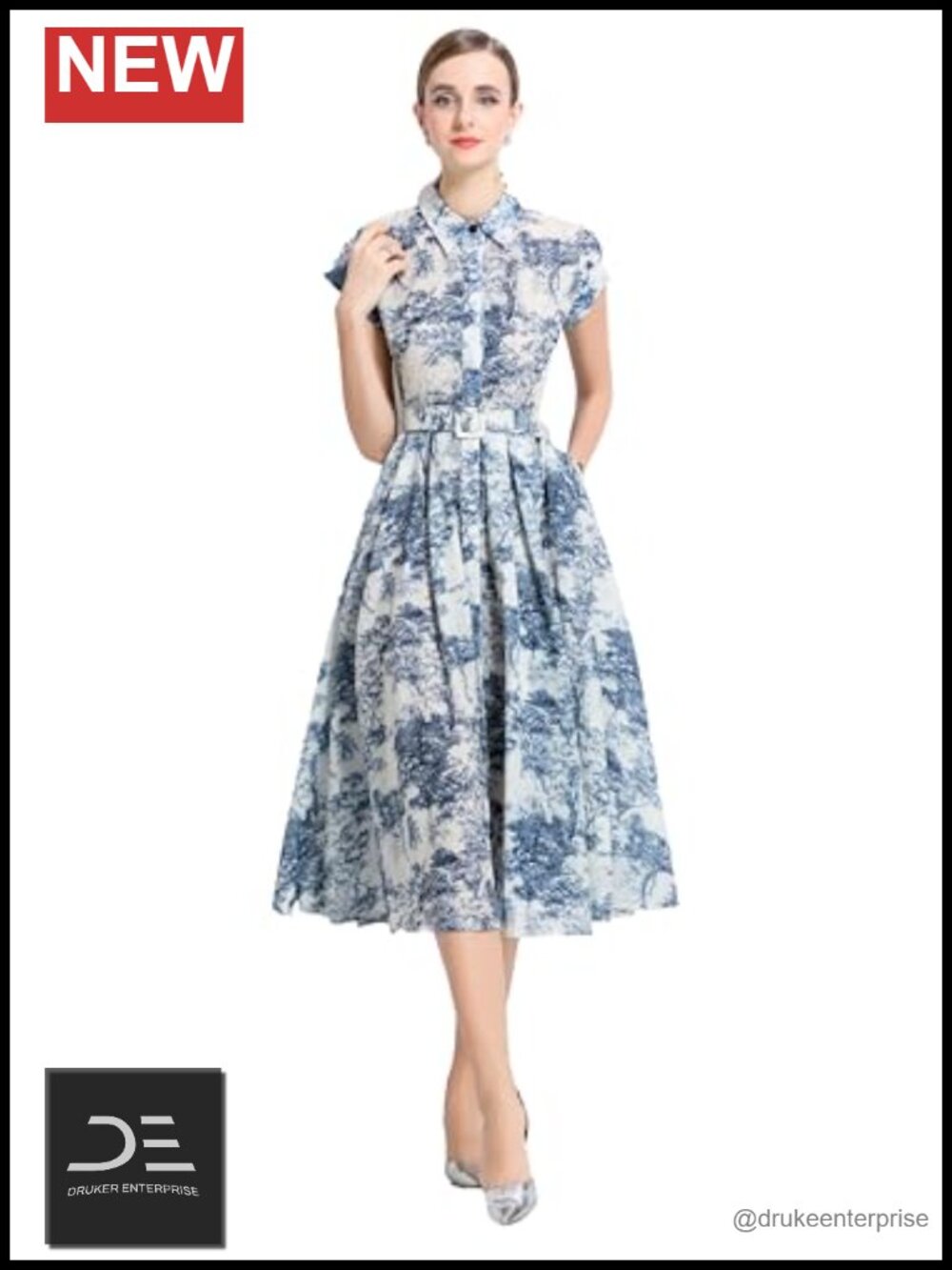 Women Casual Short Sleeves Collar Shirt Print Midi Dress